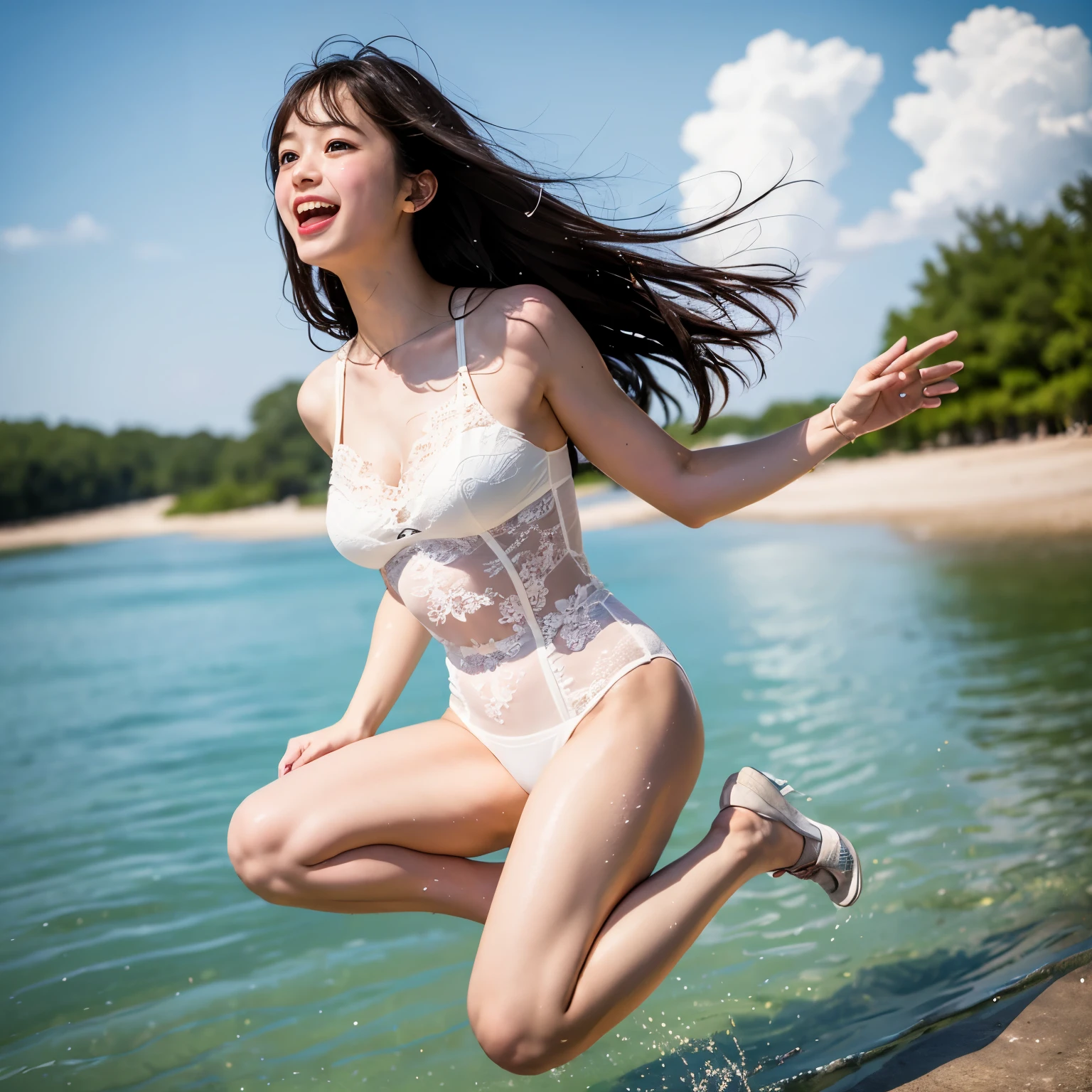 (8K TopQuality masterpiece: 1.2)(Realistic ProfessionalPhoto:1.37), VolumetricLighting. Tiny Girls, (((girl jumping into the water)))、Falling、splash water、shout、Luminous water surface、White and Bright colors, back lighting, Radiant PearlSkin with Transparency, sparkling highlights, Detailed KAWAII face with cute lips, long eyelashes, (White Skinny) Delicate lace clothes, Detailed open crotch, MotionBlur (Joyful Expressions LifeLike Rendering) {BabyFace|ThighGap|Dazzling RainbowColor Horizon}, {HiddenHands|Corrected BabyLikeHand} (Exposed:-0.6)