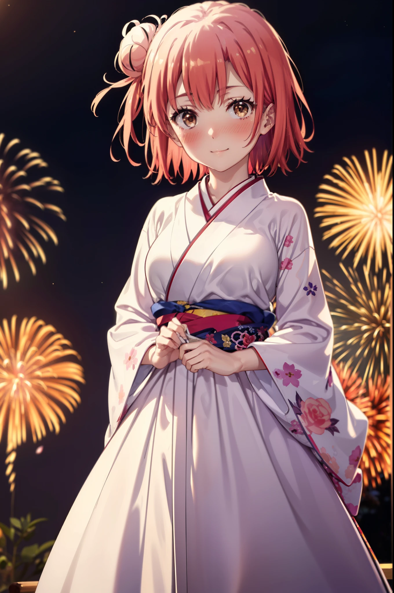 yuiyuigahama, yui yuigahama, short hair, (Brown eyes:1.5), (Pink Hair:1.2), smile,blush,Hair Bun,single Hair Bun, smile,Flower Hair Ornaments,Big Breasts,Pink kimono,Thick sleeves,Pink long skirt,日本のfestival,夏festivalの屋台,Red lantern,Fireworks in the night sky、Fireworks,The place is a fireworks display,Time is night,whole bodyがイラストに入るように,
break outdoors, festival,
break looking at viewer, whole body, (Cowboy Shot:1. 5)
break (masterpiece:1.2), Highest quality, High resolution, unity 8k wallpaper, (figure:0.8), (Beautiful attention to detail:1.6), Highly detailed face, Perfect lighting, Highly detailed CG, (Perfect hands, Perfect Anatomy),