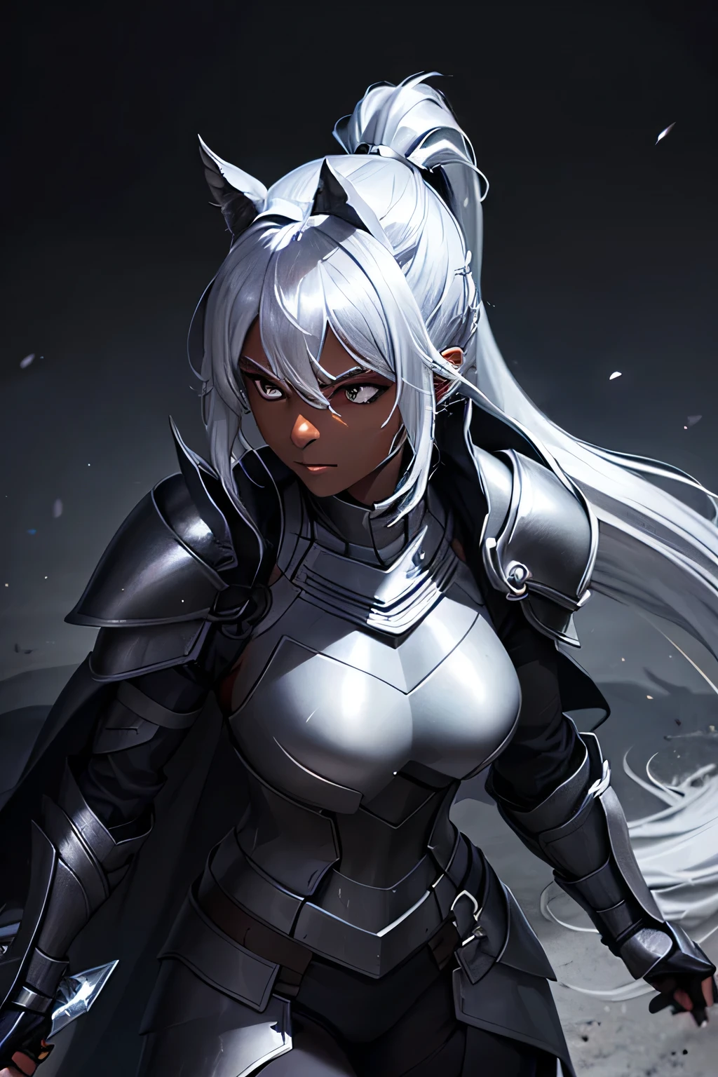 Beautiful 20 year old woman, (((Silver ponytail))),(((Dark Skin)))、Dark Knight,(((Black Armor)))、Swinging the Sword、In the Dark、Black Cape