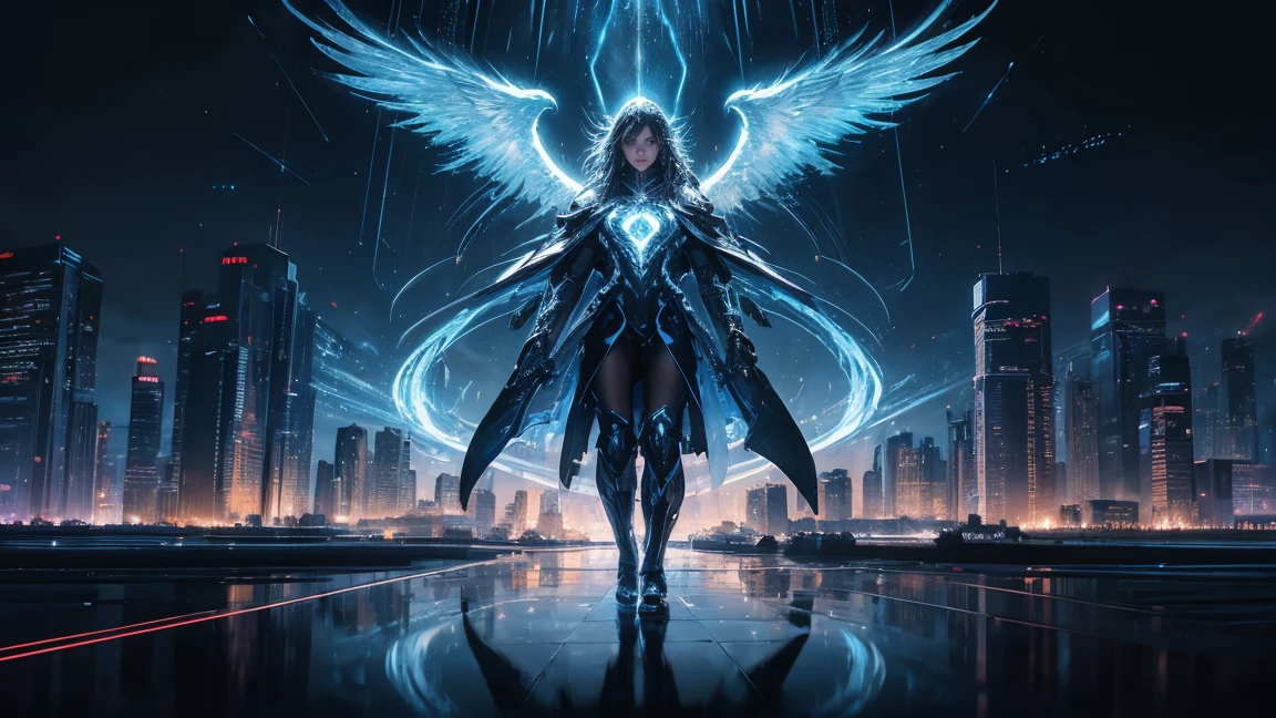 ((masterpiece, Highest quality, Best image quality, High resolution、４ｋ)) An angel in the center of the screen、Glowing white wings、Glowing halo、Equipped with a huge railgun、Cyberface。Wearing a flowing ethereal robe、god々Shining with a bright light。Shiny advanced cybernetic enhancements. Seen in dynamic action poses, reflection on a smooth surface. The cityscape below is filled with towering skyscrapers., illuminated by colorful holographic advertisements, Shining with blue energy, Mighty power. The overall atmosphere is dark and mysterious., It had a futuristic techno vibe.. The lighting is dramatic, Intense highlights and deep shadows, Creates depth and tension