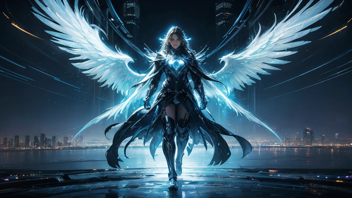 ((masterpiece, Highest quality, Best image quality, High resolution、4k)) An angel in the center of the screen、Glowing white wings、Glowing halo、Equipped with a huge railgun、Cyberface。Wearing a flowing ethereal robe、god々Shining with a bright light。Shiny advanced cybernetic enhancements. Seen in dynamic action poses, reflection on a smooth surface. The cityscape below is filled with towering skyscrapers., illuminated by colorful holographic advertisements, Shining with blue energy, Mighty power. The overall atmosphere is dark and mysterious., It had a futuristic techno vibe.. The lighting is dramatic, Intense highlights and deep shadows, Creates depth and tension