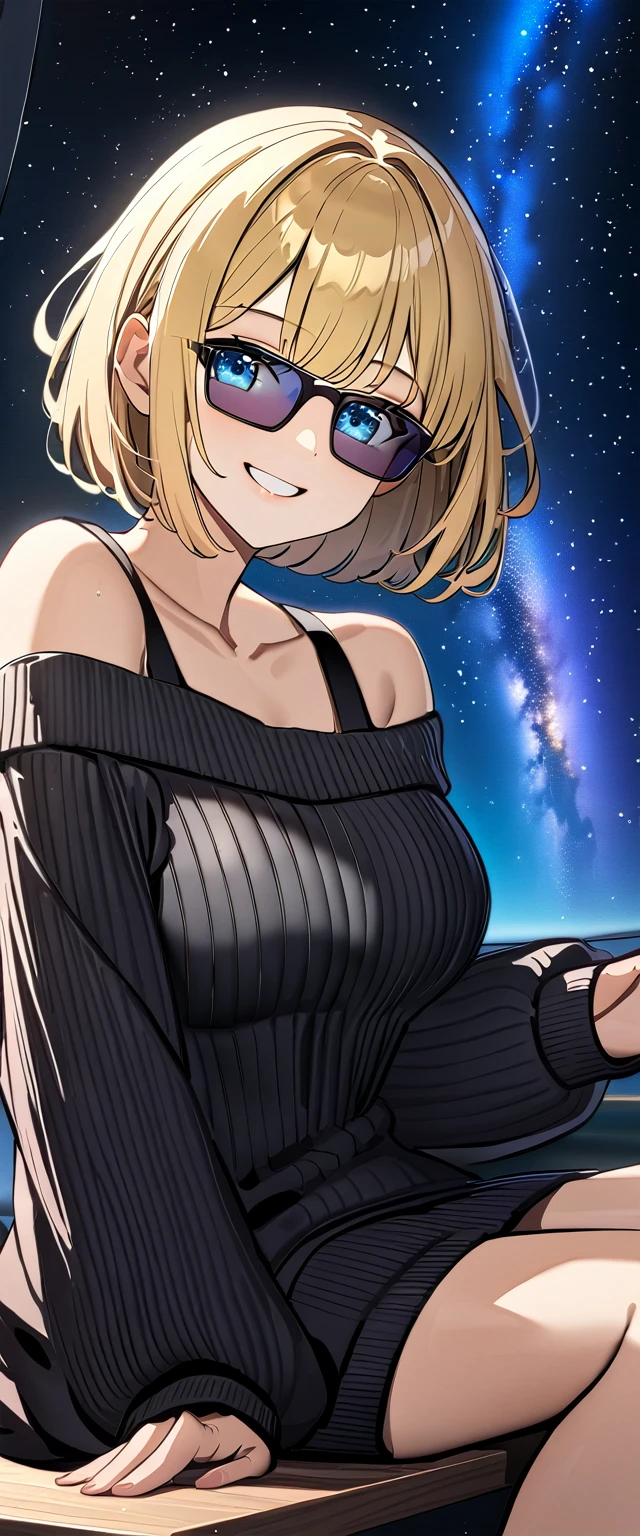 ((grin)), ((off-shoulder sweater:1.3, Quite thick shoulder straps)), ((black sweater)), ((sunglasses, hand to sunglasses)), (((from side))), ((((upper body)))), ((Leaning to side)), (((a beautiful starry sky, the Milky Way shining beautifully in the night))), ((sitting on the very high cliff)), wavy hair, inward curled hair, sea, ((blond hair, bob cut:1.3)), breasts, teenager, (looking at viewer), oversized clothes, puffy long sleeves, collarbone, head tilt:1.3, (((blue eyes))), happy smile, (((anime style))), (best quality, 4K, 8K, highres, masterpiece:1.2, ultra-detailed, ultra-detailed eyes, HDR, uhd, studio lighting, ultra-fine painting, sharp focus, physically-based rendering, extreme detail description, professional, vivid colors, bokeh)