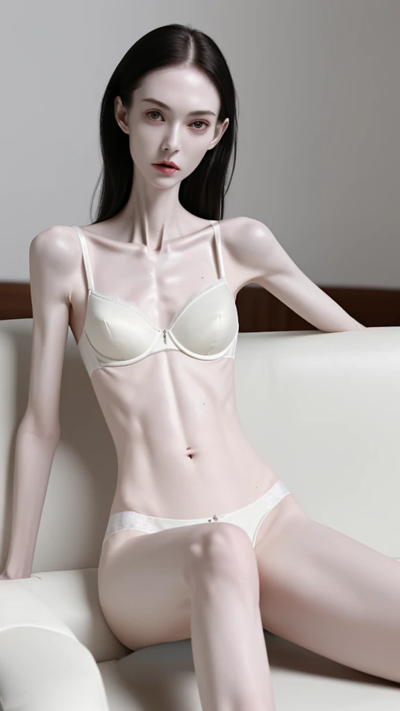 a woman, very thin body, body visible bones, very slender , sweaty weat body, pale white skin, panties, bra,tatto, full body, sit at the sofa