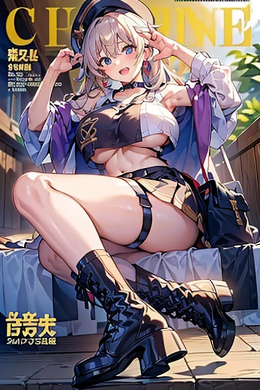(masterpiece:1.2), (Military uniform magazine cover:1.4),best quality,PIXIV,Sweet girl , sexy posture,1girl, (perky chest:1.2), rolling upskirt by wind:1.6, (with sparkling eyes and a contagious smile),open mouth, (pointed chest:1.2),fishnets, black hair, boots, long hair, black nails, skirt, shirt, black footwear, bag, black skirt, jewelry, jacket, thigh strap, bangs, necktie, earrings, nail polish, multicolored hair, looking at viewer, full body, bottle, own hands together, belt, jacket on shoulders, food, cats on head, ring, choker, english text, collared shirt, blue eyes, hat, lace-up boots ,masterpiece、highest quality、Very detailed、An illustration、Beautiful fine details、One Girl、cute、Detailed landscape、Training Room Background:1.4、Platinum Blonde Hair、Braided Ponytail、Red camisole、((c cup breasts, Tank top showing underboob:1.4))