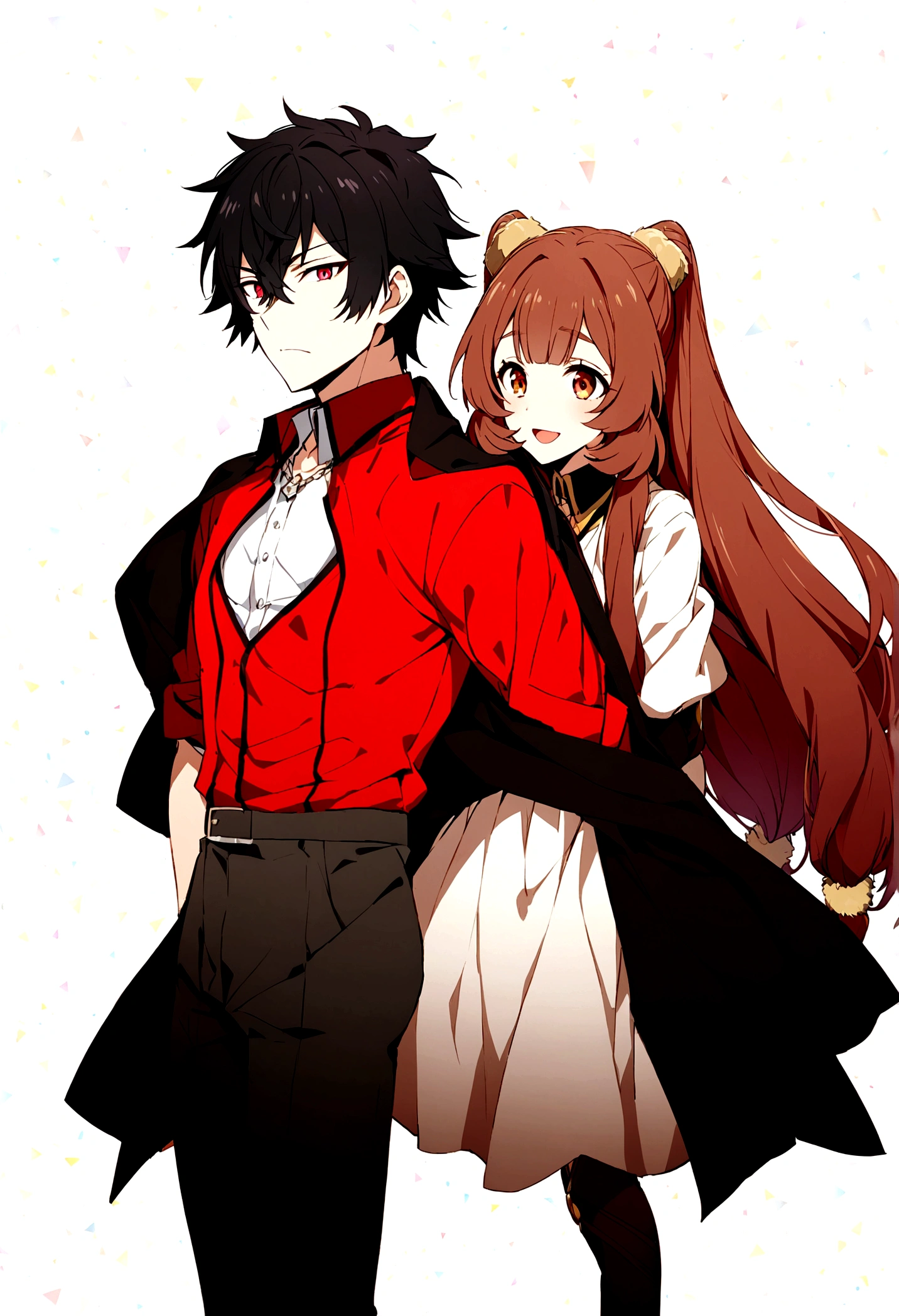 Iwatani Naofumi e raphtalia , Red and black clothes, and black hair, Red eyes