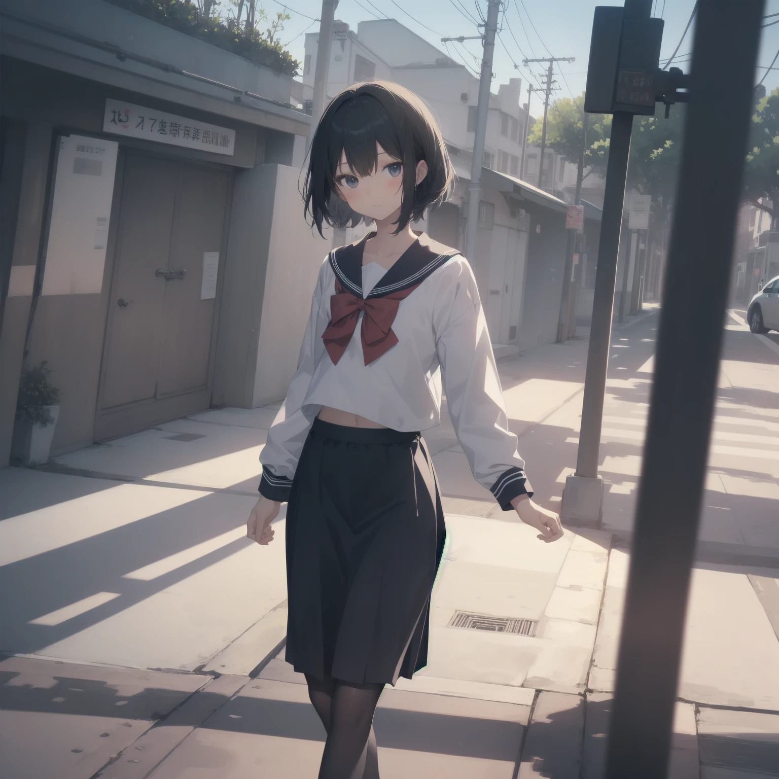 ultra-absurdres-Top quality by artist God, ultra-detailed, high resolution, anime moe artstyle, best anime 8k konachan wallpaper, pixiv contest winner, pool:2810, perfect anatomy,break, 1girl, (Please draw a girl walking sleepily to school alone. )break,(Solo,little female, 13-year-old:1.3),Full limbs, complete fingers,a junior high school student, (very short hair), short cut, flat chest, , small butt, small black eyes, beautiful detailed eyes, well-proportioned iris and pupils, expressive eyes, highres detailed hair, soft expression, salor school_uniform, sailor collar, serahuku, bow, pleated skirt,(Detailed Lighting), (Detailed background), in the School commute route. break,super detailed skin, Best cinematic lighting powered by famous artist, 8k,beauty illustration,photoshop_(medium),very aesthetic,break,((artist:gomashio_(goma_feet) )), artist:clamp ,artist:carnelian ,artist:kantoku ,