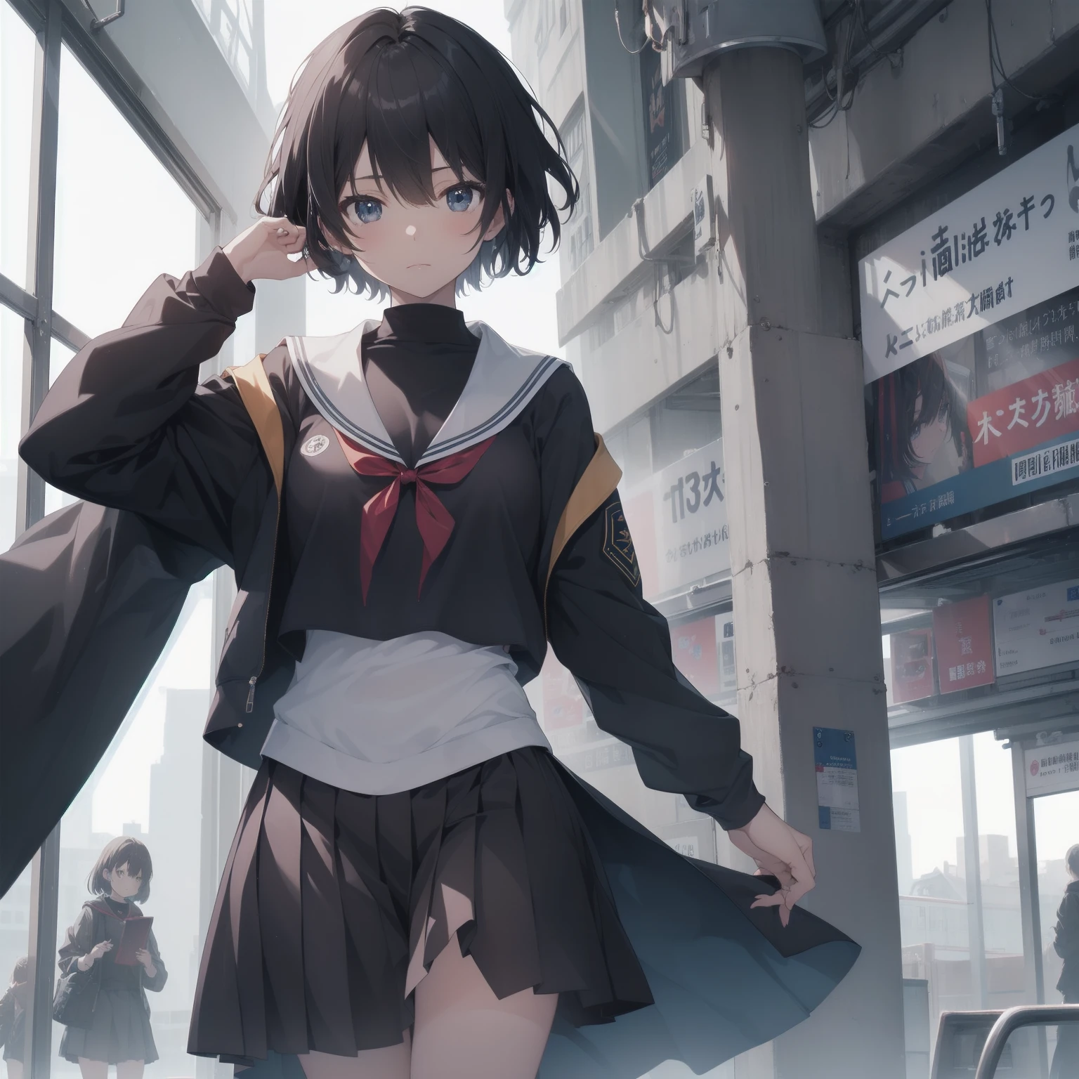 ultra-absurdres-Top quality by artist God, ultra-detailed, high resolution, anime moe artstyle, best anime 8k konachan wallpaper, pixiv contest winner, pool:2810, perfect anatomy,break, 1girl, (Please draw a girl walking sleepily to school alone. )break,(Solo,little female, 13-year-old:1.3),Full limbs, complete fingers,a junior high school student, (very short hair), short cut, flat chest, , small butt, small black eyes, beautiful detailed eyes, well-proportioned iris and pupils, expressive eyes, highres detailed hair, soft expression, salor school_uniform, sailor collar, serahuku, bow, pleated skirt,(Detailed Lighting), (Detailed background), in the School commute route. break,super detailed skin, Best cinematic lighting powered by famous artist, 8k,beauty illustration,photoshop_(medium),very aesthetic,break,((artist:gomashio_(goma_feet) )), artist:clamp ,artist:carnelian ,artist:kantoku ,