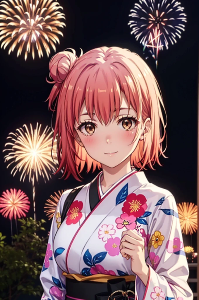 yuiyuigahama, yui yuigahama, short hair, (Brown eyes:1.5), (Pink Hair:1.2), smile,blush,Hair Bun,single Hair Bun, smile,Flower Hair Ornaments,Big Breasts,Pink kimono,Thick sleeves,日本のfestival,夏festivalの屋台,Red lantern,Fireworks in the night sky、Fireworks,The place is a fireworks display,Time is night,whole bodyがイラストに入るように,
break outdoors, festival,
break looking at viewer, whole body, (Cowboy Shot:1. 5)
break (masterpiece:1.2), Highest quality, High resolution, unity 8k wallpaper, (figure:0.8), (Beautiful attention to detail:1.6), Highly detailed face, Perfect lighting, Highly detailed CG, (Perfect hands, Perfect Anatomy),