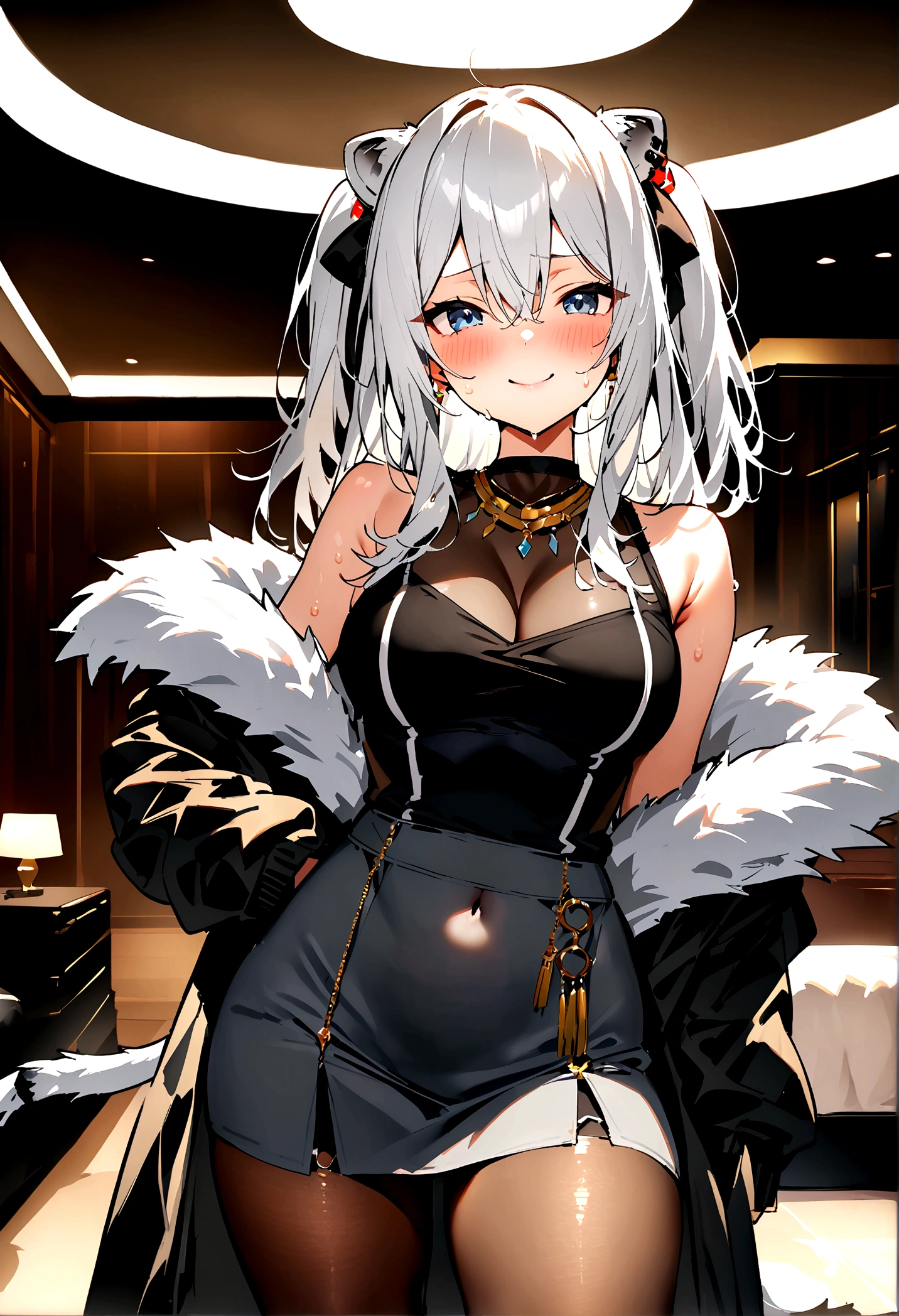 NSFW,masterpiece,Highest quality,High resolution,Super detailed,Shishirabotan\(Hololive\),Long Hair、Two Side Up、Earrings、Lion's Tail,necklace、Black Shirt、Sleeveless shirt、abdomen、See-through、Grey Skirt、片足pantyhose、pantyhose、fur-trimmed jacket、Black jacket、Off the shoulder,smile,blush,(Sweat),Luxurious Room,Party Venue