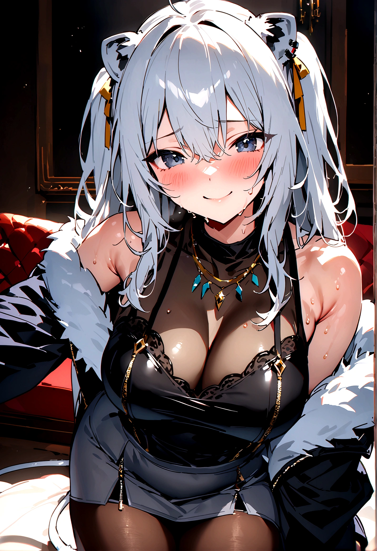 NSFW,masterpiece,Highest quality,High resolution,Super detailed,Shishirabotan\(Hololive\),Long Hair、Two Side Up、Earrings、Lion's Tail,necklace、Black Shirt、Sleeveless shirt、abdomen、See-through、Grey Skirt、片足pantyhose、pantyhose、fur-trimmed jacket、Black jacket、Off the shoulder,smile,blush,(Sweat),Luxurious Room,Party Venue