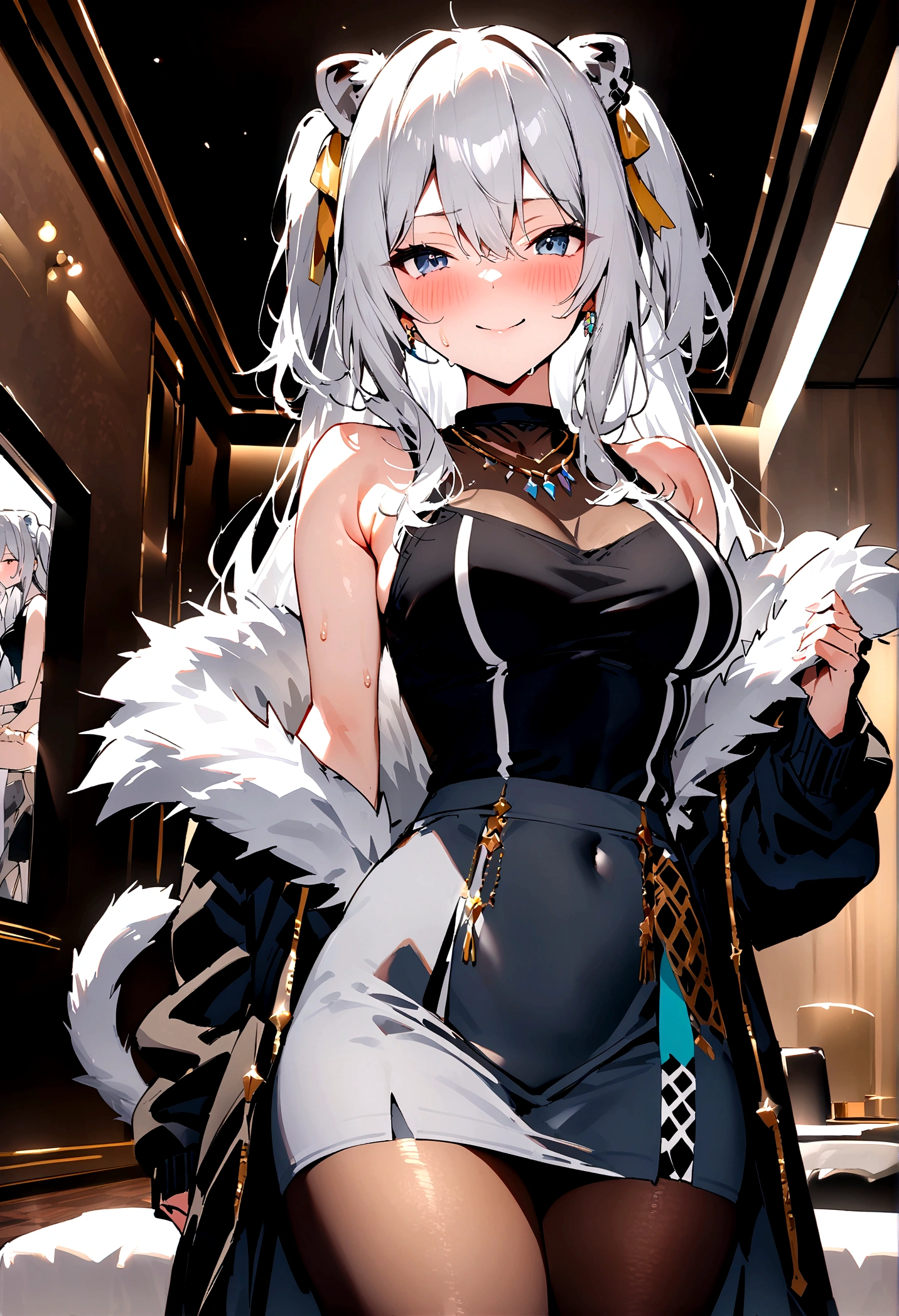 NSFW,masterpiece,Highest quality,High resolution,Super detailed,Shishirabotan\(Hololive\),Long Hair、Two Side Up、Earrings、Lion's Tail,necklace、Black Shirt、Sleeveless shirt、abdomen、See-through、Grey Skirt、片足pantyhose、pantyhose、fur-trimmed jacket、Black jacket、Off the shoulder,smile,blush,(Sweat),Luxurious Room,Party Venue