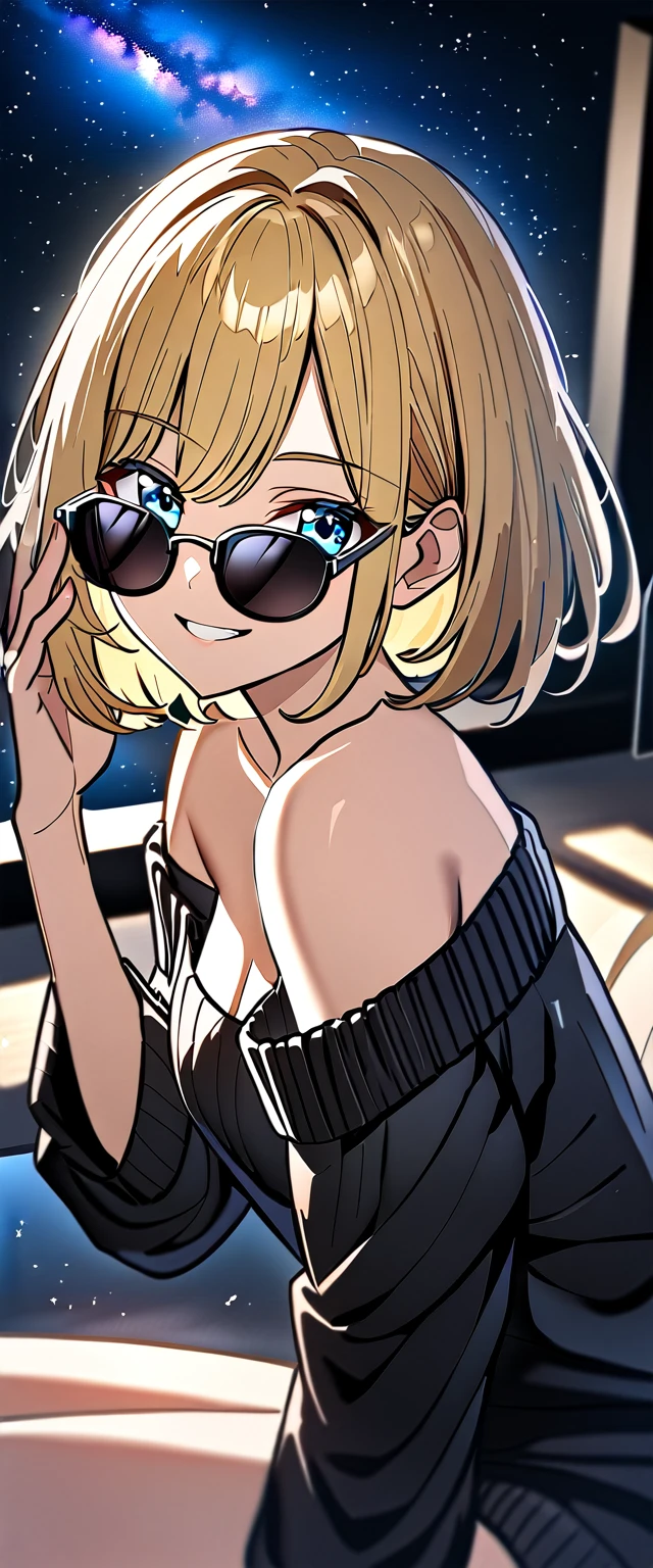 ((grin)), ((off-shoulder sweater:1.3, Quite thick shoulder straps)), ((black sweater)), ((sunglasses, hand to sunglasses)), (((from side))), ((((upper body)))), ((Leaning to side)), (((a beautiful starry sky, the Milky Way shining beautifully in the night))), ((sitting on the very high cliff)), wavy hair, inward curled hair, sea, ((blond hair, bob cut:1.3)), breasts, teenager, (looking at viewer), oversized clothes, puffy long sleeves, collarbone, head tilt:1.3, (((blue eyes))), happy smile, (((anime style))), (best quality, 4K, 8K, highres, masterpiece:1.2, ultra-detailed, ultra-detailed eyes, HDR, uhd, studio lighting, ultra-fine painting, sharp focus, physically-based rendering, extreme detail description, professional, vivid colors, bokeh)
