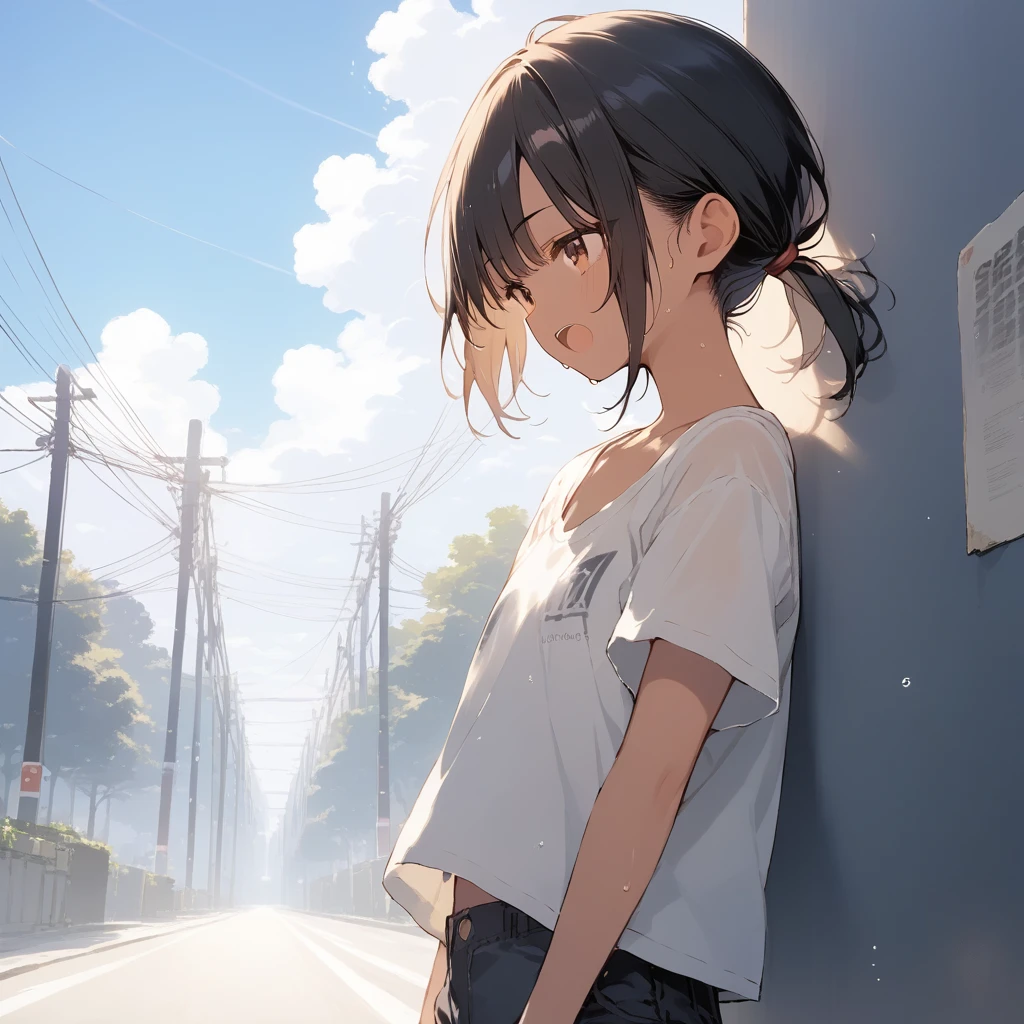 score_9, score_8_up, score_7_up, source_anime, best quality, masterpiece, official art, absurdres, highres, ultra-detailed,waifu2x,Collection: Slice of Life,break,1girl, tomboy, dark-skinned female, short hair, low ponytail, flat chest, beautiful detailed eyes, short shorts, sweat, open mouth, (yawn:0.3), sleepily, outdoors, wind,break,(clear line illustration:1.2), super detailed skin,very high resolution, very aesthetic, Best sexual lighting powered by famous artist, 8k,cute picture,beauty illustration,photoshop_(medium),,(Detailed Lighting),best anime 8k konachan wallpaper, pixiv contest winner, 