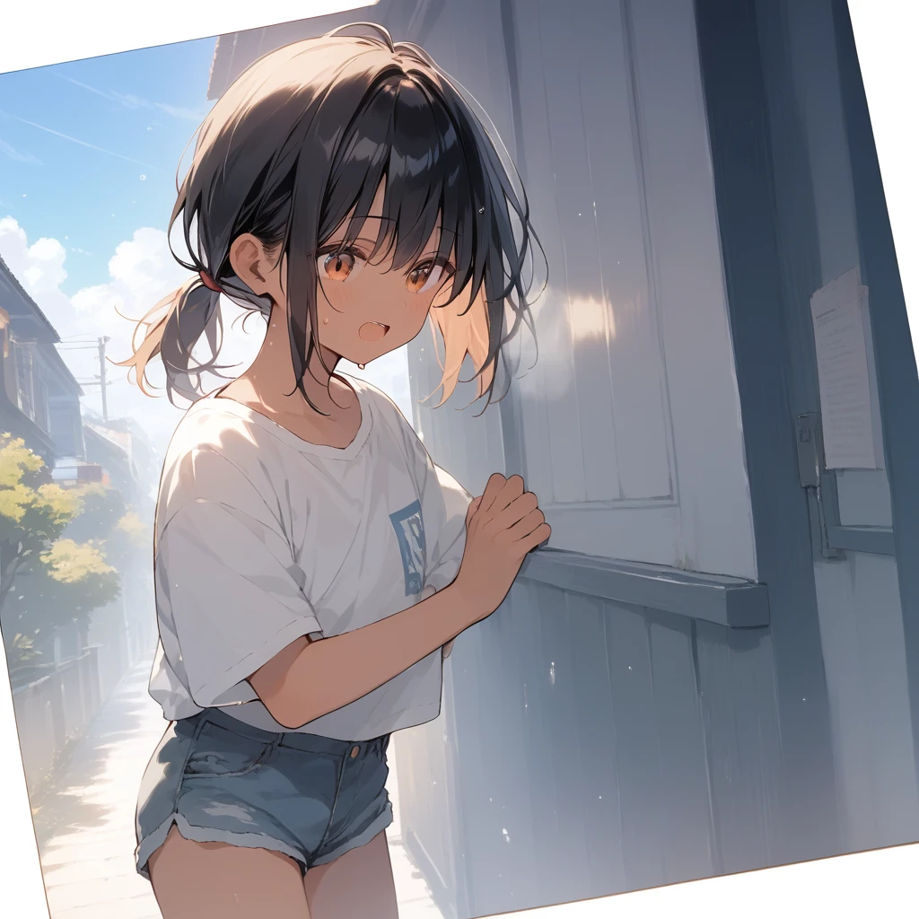 score_9, score_8_up, score_7_up, source_anime, best quality, masterpiece, official art, absurdres, highres, ultra-detailed,waifu2x,Collection: Slice of Life,break,1girl, tomboy, dark-skinned female, short hair, low ponytail, flat chest, beautiful detailed eyes, short shorts, sweat, open mouth, (yawn:0.3), sleepily, outdoors, wind,break,(clear line illustration:1.2), super detailed skin,very high resolution, very aesthetic, Best sexual lighting powered by famous artist, 8k,cute picture,beauty illustration,photoshop_(medium),,(Detailed Lighting),best anime 8k konachan wallpaper, pixiv contest winner,