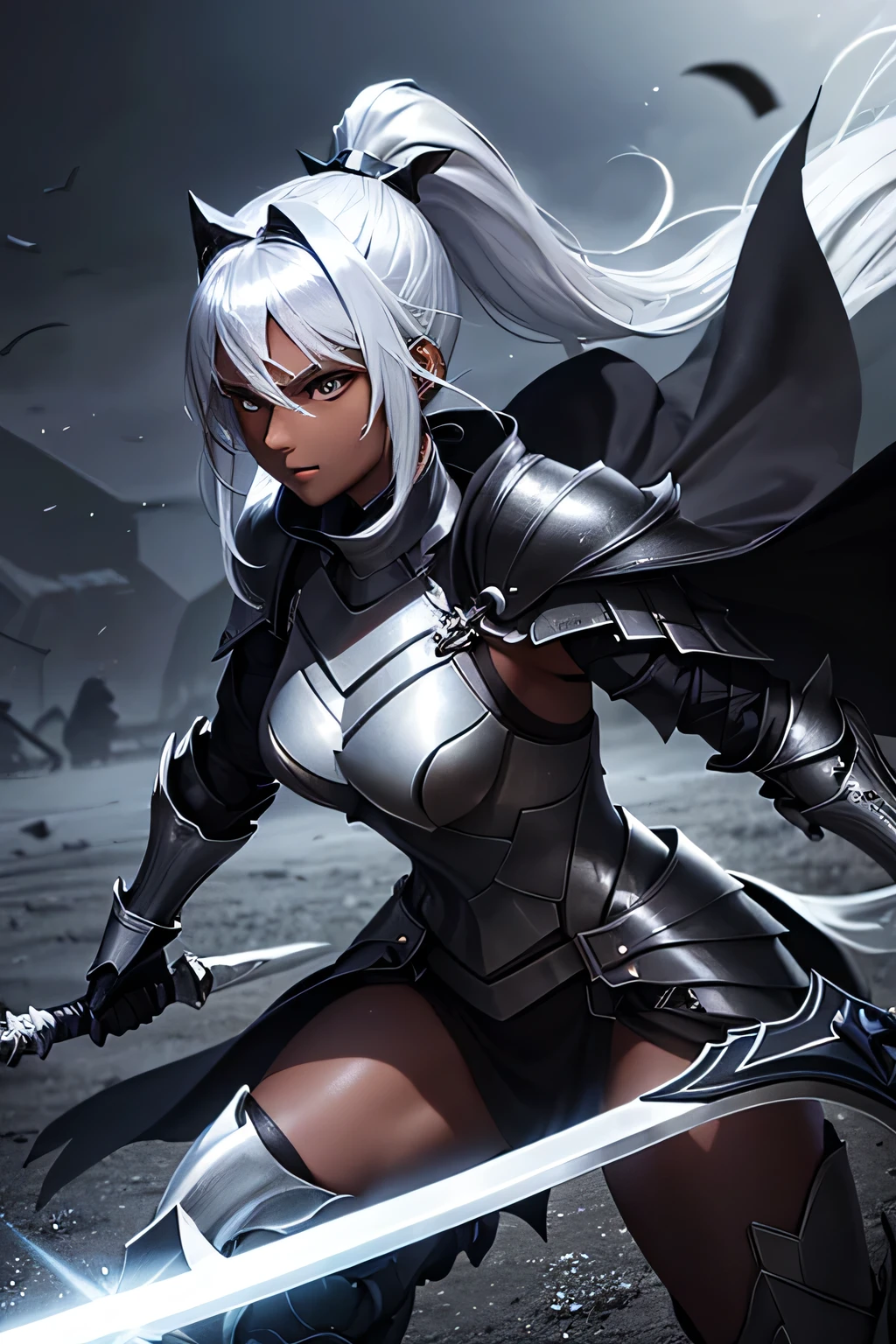 Beautiful 20 year old woman, (((Silver ponytail))),(((Dark Skin)))、Dark Knight,(((Black Armor)))、Swinging the Sword、In the Dark、Black Cape