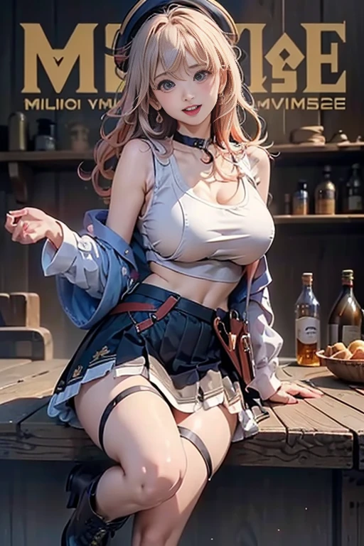 (masterpiece:1.2), (Military uniform magazine cover:1.4),best quality,PIXIV,Sweet girl , sexy posture,1girl, (perky chest:1.2), rolling upskirt by wind:1.6, (with sparkling eyes and a contagious smile),open mouth, (pointed chest:1.2),fishnets, black hair, boots, long hair, black nails, skirt, shirt, black footwear, bag, black skirt, jewelry, jacket,  thigh strap, bangs, necktie, earrings, nail polish, multicolored hair, looking at viewer, full body, bottle, own hands together, belt, jacket on shoulders, food, cats on head, ring, choker, english text, collared shirt, blue eyes, hat, lace-up boots ,masterpiece、highest quality、Very detailed、An illustration、Beautiful fine details、One Girl、cute、Detailed landscape、Training Room Background:1.4、Platinum Blonde Hair、Braided Ponytail、Red camisole、((c cup breasts, Tank top showing underboob:1.4))
