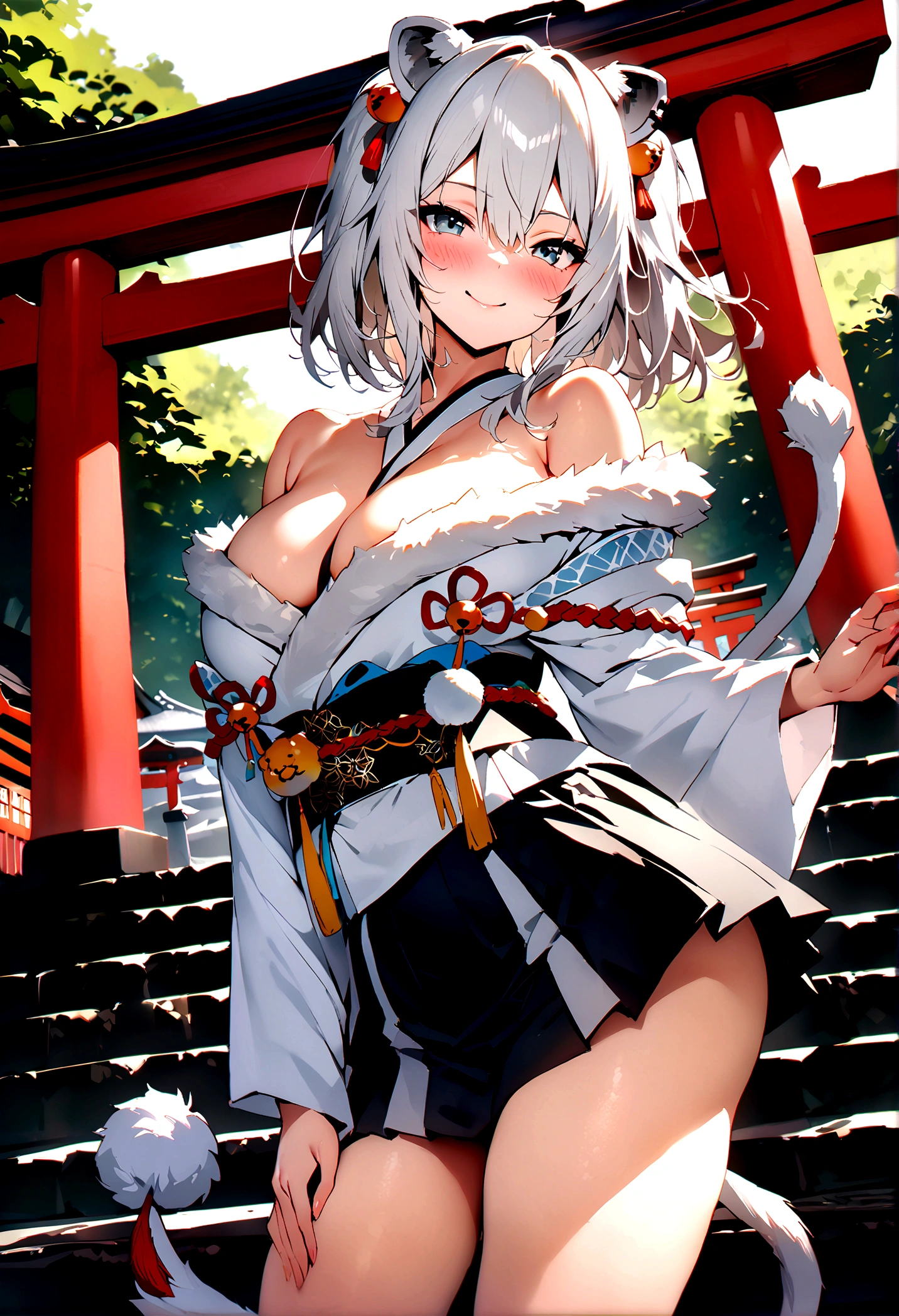NSFW,masterpiece,Highest quality,High resolution,Super detailed,Shishirabotan\(Hololive\),Double Odango、flower、Side Lock、Lion's tail、White kimono、Off the shoulder、fur ornament、Black Hakama、Short skirt,smile,blush,Asahi,shrine,torii,Sexy pose