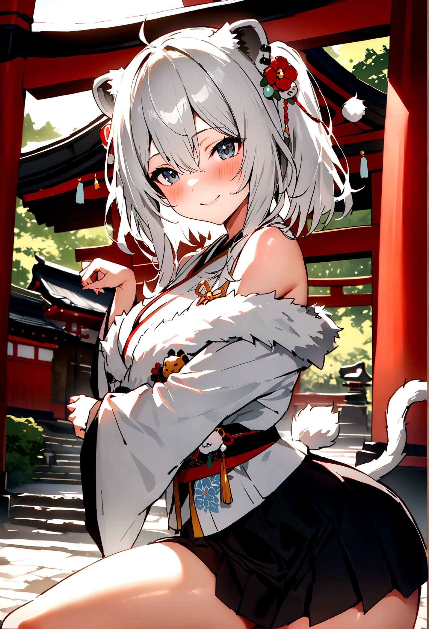 NSFW,masterpiece,Highest quality,High resolution,Super detailed,Shishirabotan\(Hololive\),Double Odango、flower、Side Lock、Lion's tail、White kimono、Off the shoulder、fur ornament、Black Hakama、Short skirt,smile,blush,Asahi,shrine,torii,Sexy pose