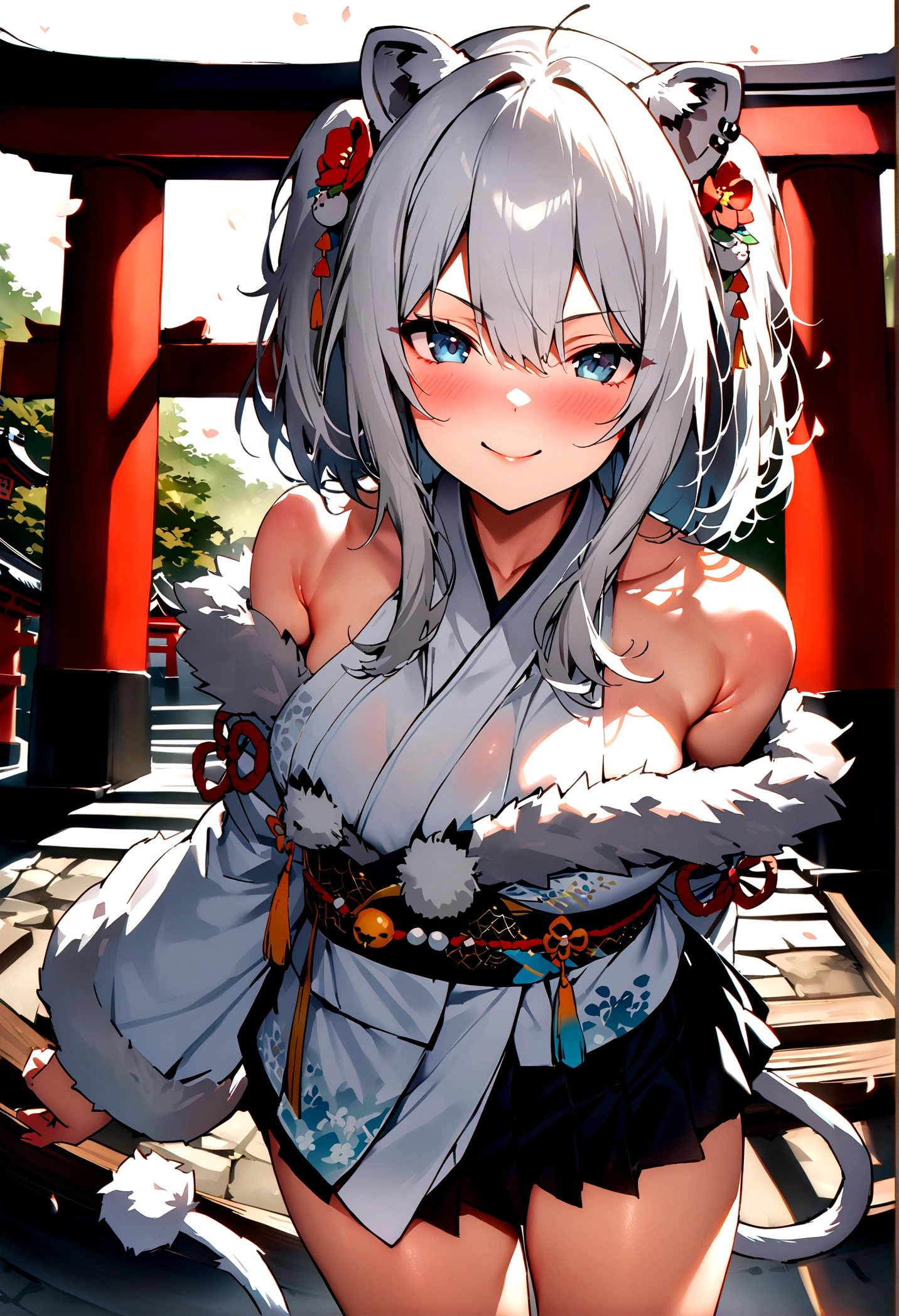 NSFW,masterpiece,Highest quality,High resolution,Super detailed,Shishirabotan\(Hololive\),Double Odango、flower、Side Lock、Lion's tail、White kimono、Off the shoulder、fur ornament、Black Hakama、Short skirt,smile,blush,Asahi,shrine,torii,Sexy pose