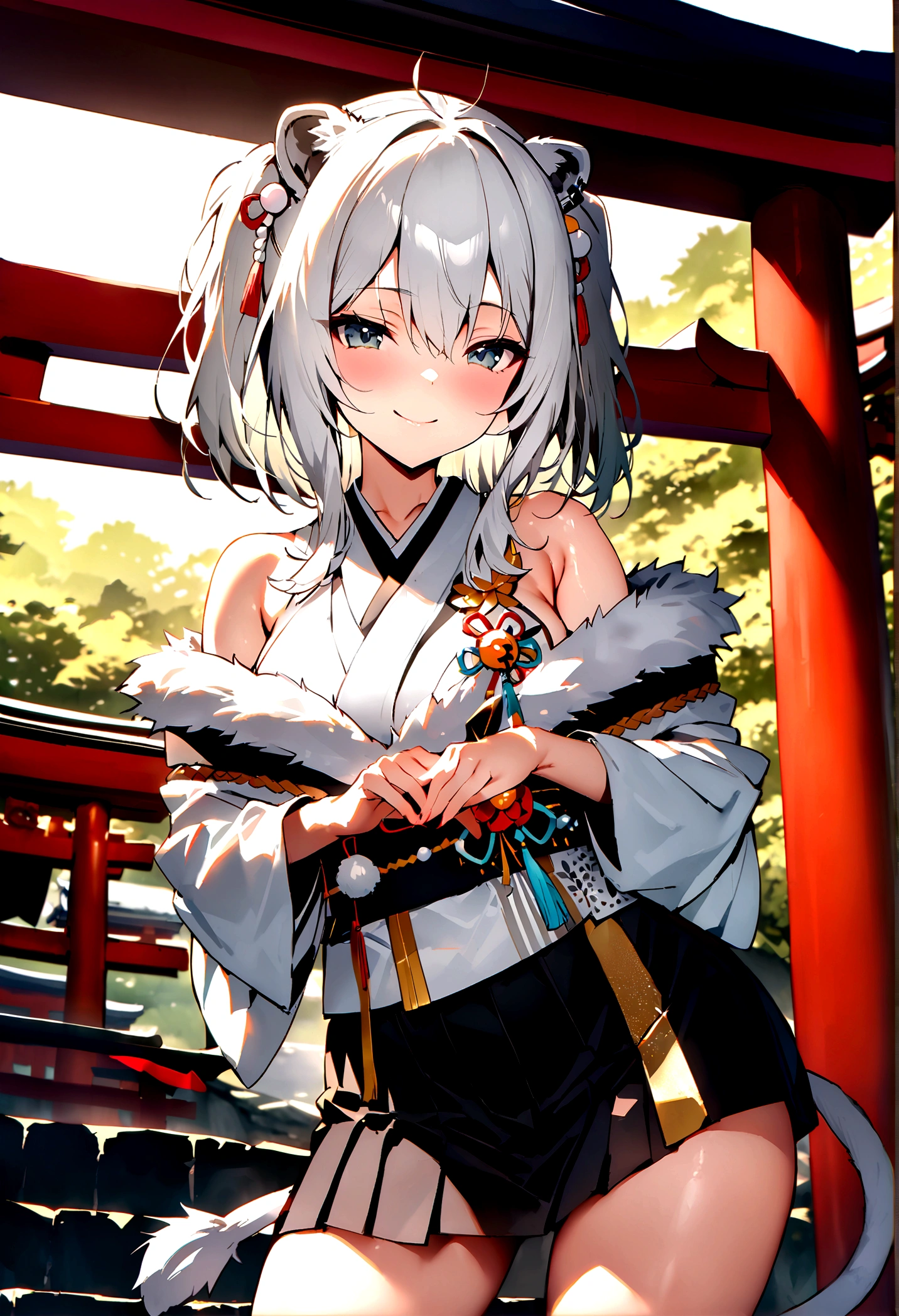 NSFW,masterpiece,Highest quality,High resolution,Super detailed,Shishirabotan\(Hololive\),Double Odango、flower、Side Lock、Lion's tail、White kimono、Off the shoulder、fur ornament、Black Hakama、Short skirt,smile,blush,Asahi,shrine,torii,Sexy pose