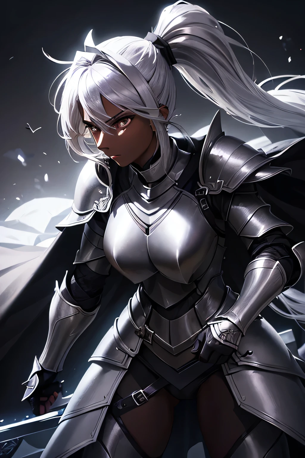 Beautiful 20 year old woman, (((Silver ponytail))),(((Dark Skin)))、Dark Knight,(((Black Armor)))、Swinging the Sword、In the Dark、Black Cape