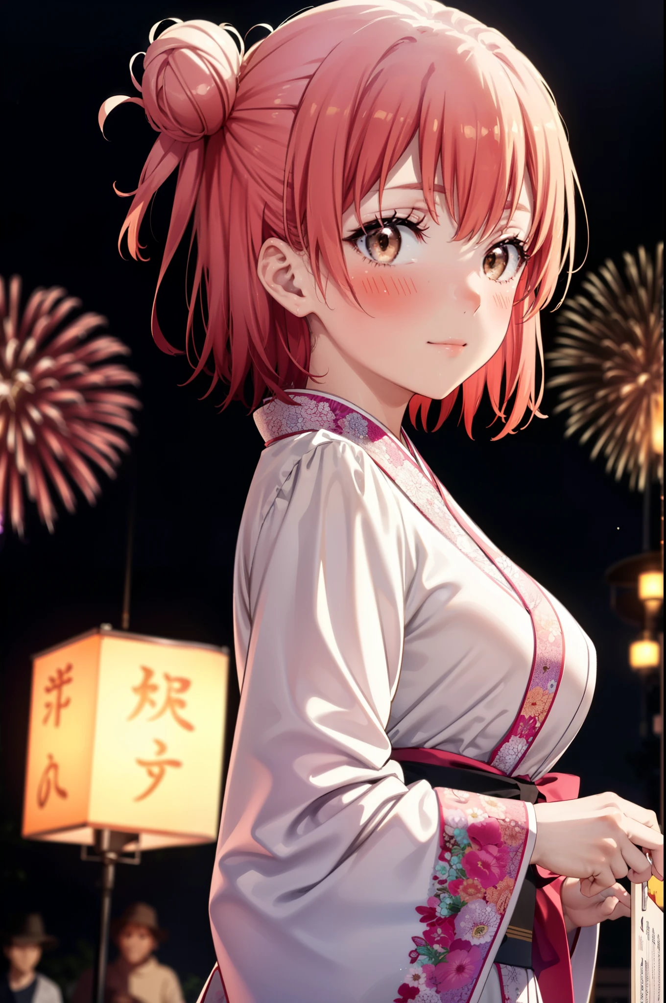 yuiyuigahama, yui yuigahama, short hair, (Brown eyes:1.5), (Pink Hair:1.2), smile,blush,Hair Bun,single Hair Bun, smile,Flower Hair Ornaments,Big Breasts,Pink kimono,Thick sleeves,日本のfestival,夏festivalの屋台,Red lantern,Fireworks in the night sky、Fireworks,The place is a fireworks display,Time is night,whole bodyがイラストに入るように,
break outdoors, festival,
break looking at viewer, whole body, (Cowboy Shot:1. 5)
break (masterpiece:1.2), Highest quality, High resolution, unity 8k wallpaper, (figure:0.8), (Beautiful attention to detail:1.6), Highly detailed face, Perfect lighting, Highly detailed CG, (Perfect hands, Perfect Anatomy),