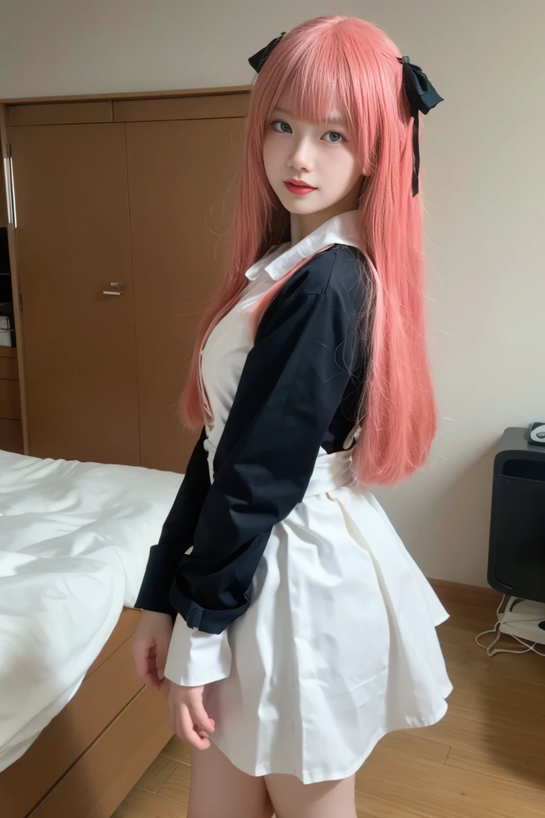 best quality, tmasterpiece,Ultra-high resolution,Clear face,(Reality:1.4),ferpect lighting,(upper body photo), (photorealistic:1.50), anime wallpaper, Guviz style artwork, cover-up fantasy up to magic , by Yang J, Guviz, beautiful artwork illustration, beautiful digital artwork, beautiful digital illustration, Li Song, beautiful anime portrait, art style in Beauvot, 1girl, 独奏, long hair, (pink hair:1.3), hair ornament, black hair ribbon, (maid dress:1.3), sleeveless, white apron, standing, background inside the house, room, looking at viwer,