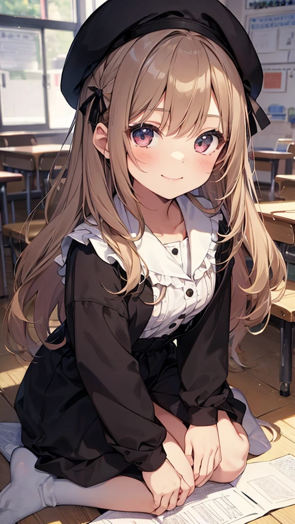 1girl,(chibi:1.3),(5ars old,Kigarteners),beret,smock,shirt,long hair,black hair,hair ribbon,smile,