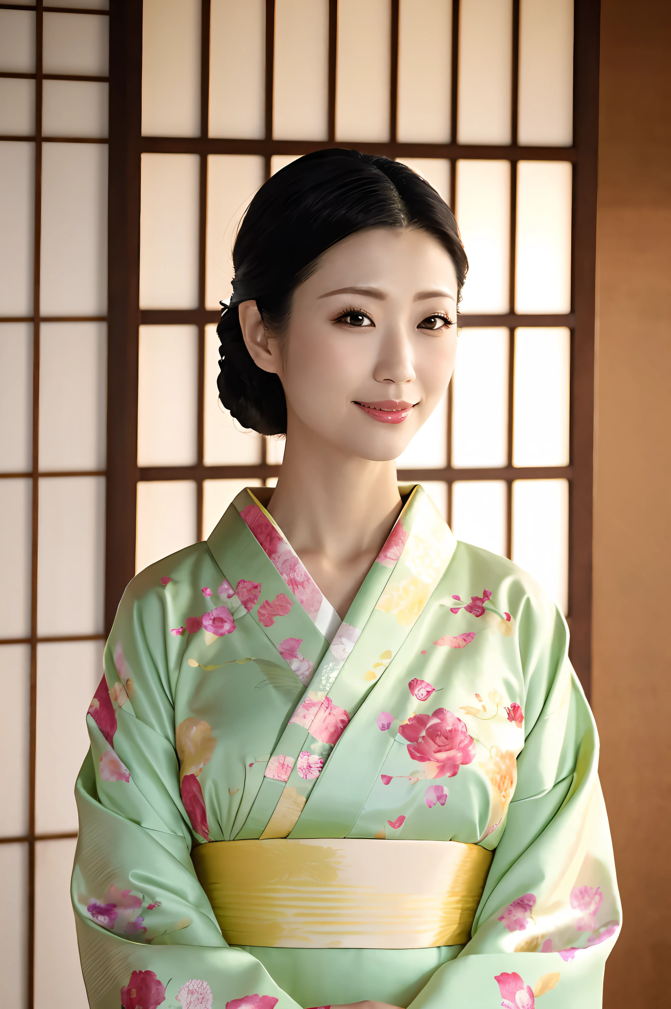 (Highest quality、Tabletop、8K、Best image quality、Award-winning works)、(1 Beautiful Mature Woman:1.1)、(Innkeeper:1.1)、(Elegant floral kimono:1.2)、(A kimono with a perfect and accurate collar:1.2)、Perfect Mature Woman Portrait Photo、Glowing Skin、Standing Elegantly、(Blurred elegant and elaborate perfect Japanese style room background:1.3)、(The most natural and perfect tidy Japanese-style room background:1.2)、Glowing White Skin、Very white skin、(Accentuate your body lines:1.1)、(The most elegant posture:1.2)(Large Breasts:1.2)