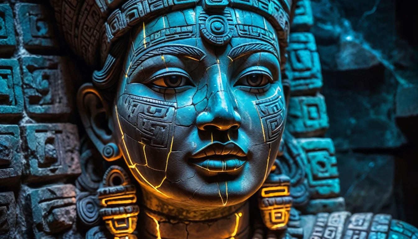 Detailed close-up, Weathered Mayan statue of a woman, Close-up of complex facial features, Glowing crystal veins, Neon streaks against ancient stone, Cracked texture, Mystic energy,bust,Half body with hands,Frontal image