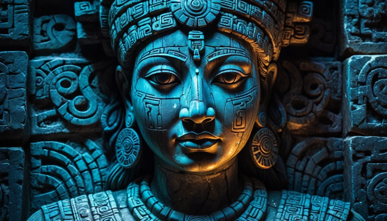 Detailed close-up, Weathered Mayan statue of a woman, Close-up of complex facial features, Glowing crystal veins, Neon streaks against ancient stone, Cracked texture, Mystic energy,bust,Half body with hands,Frontal image