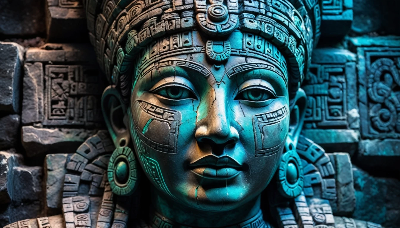 Detailed close-up, Weathered Mayan statue of a woman, Close-up of complex facial features, Glowing crystal veins, Neon streaks against ancient stone, Cracked texture, Mystic energy,bust,Half body with hands,Frontal image