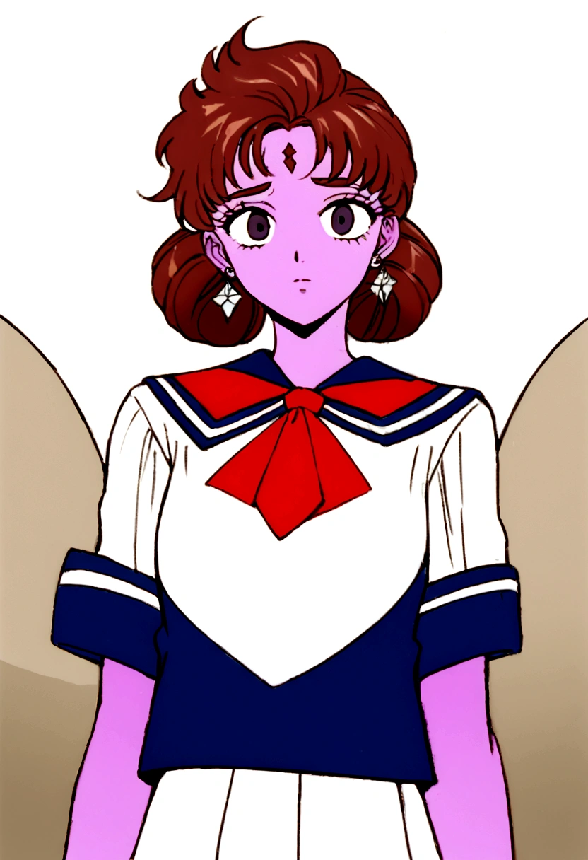 Youma body, pink skin, completely black eyes, little bird wings exclusively on her forehead near her bangs with two small beige mirrored diamond markings next to each other that are between said wings, short brown hair, 1950's girl hairstyle, DD Girl, sailor fuku with red tie.