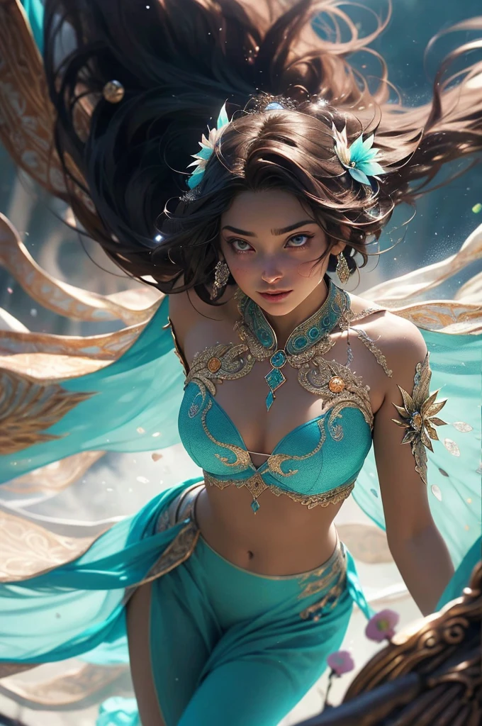 Full body shot, ((masterpiece))), (((best quality))), ((ultra-detailed)), (hyperrealistic), (highly detailed CG illustration), ((an extremely delicate and beautiful)),cinematic light, Create a stunning anime artwork that is currently trending on ArtStation, showcasing exquisite beauty and captivating aesthetics.
The character in the artwork is a graceful and enchanting figure, young, radiating an aura of elegance. Pay close attention to intricate facial features, such as mesmerizing eyes with vibrant colors and delicate shading. Hair (((Light brown hair, long free flowing hair, floating in the air, wrapped around her))).
The character's clothing should be designed with elaborate patterns, flowing see-through fabrics, and rich textures, reflecting a blend of fantasy and contemporary fashion. transparent clothing, bare chest, cleavage, bare stomach, bare shoulders. turquoise, black and orange colour scheme.
Place the character in a captivating ethereal environment that enhances the overall appeal of the artwork. a mystical realm filled with magical elements. Incorporate vibrant colors, dynamic lighting, and detailed background elements to create a sense of depth and immersion. action pose. growling face.
Consider the latest trends in anime art, such as incorporating unique lighting effects, exploring creative composition techniques, or experimenting with unconventional color palettes. A dragon circles behind her
Take inspiration from the top artists on ArtStation and their exceptional execution of various art styles and themes. Camera: Choose an angle that highlights the character's beauty and the immersive environment. Lighting: Utilize atmospheric lighting techniques to create depth and mood. Resolution: Aim for a high-resolution artwork to showcase intricate details and clarity. Art Inspirations: Seek inspiration from the trending artists on ArtStation, exploring different styles, genres, and themes.
