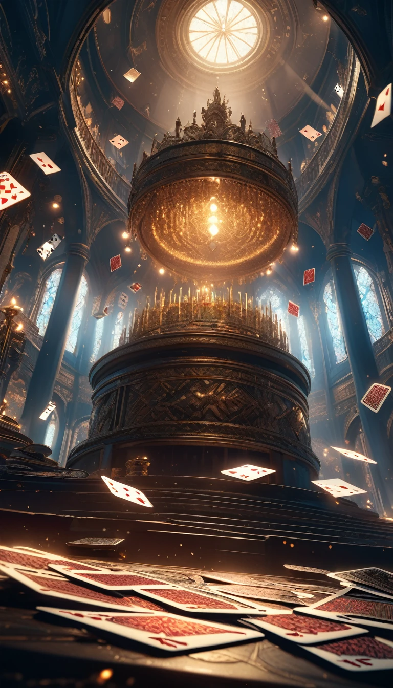 Heaven，Floating Cards，floating  card tricks,  dark fantasy, cinematic lighting, dramatic perspective, intricate details, moody atmosphere, rich colors, masterpiece, photorealistic, highly detailed, 8K, HDR，No humans