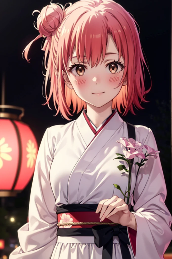 yuiyuigahama, yui yuigahama, short hair, (Brown eyes:1.5), (Pink Hair:1.2), smile,blush,Hair Bun,single Hair Bun, smile,Flower Hair Ornaments,Big Breasts,Pink kimono,Long skirt in pink color,Thick sleeves,日本のfestival,夏festivalの屋台,Red lantern,Fireworks in the night sky、Fireworks,The place is a fireworks display,Time is night,So that the whole body goes into the illustration,
break outdoors, festival,
break looking at viewer, Upper Body, (Cowboy Shot:1. 5)
break (masterpiece:1.2), Highest quality, High resolution, unity 8k wallpaper, (figure:0.8), (Beautiful attention to detail:1.6), Highly detailed face, Perfect lighting, Highly detailed CG, (Perfect hands, Perfect Anatomy),