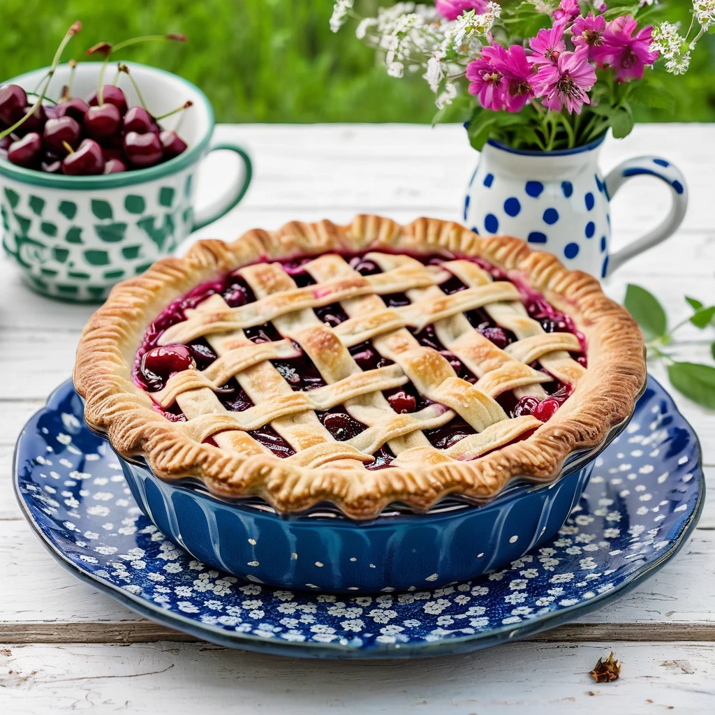 Homemade cherry pie on marocco style blue plate on a rustic white wood table at the blooming garden , green floral pattern vase with wild flowers herbs , pink white polka dot napkin , stoneware coffee mug