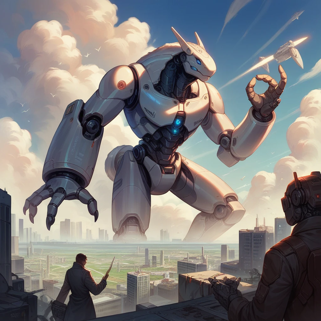sky, clouds, holding_Weapon, No_People, Shine, robot, architecture, luminous_eyes, fur, Science fiction, city, Reality, fur, whole body