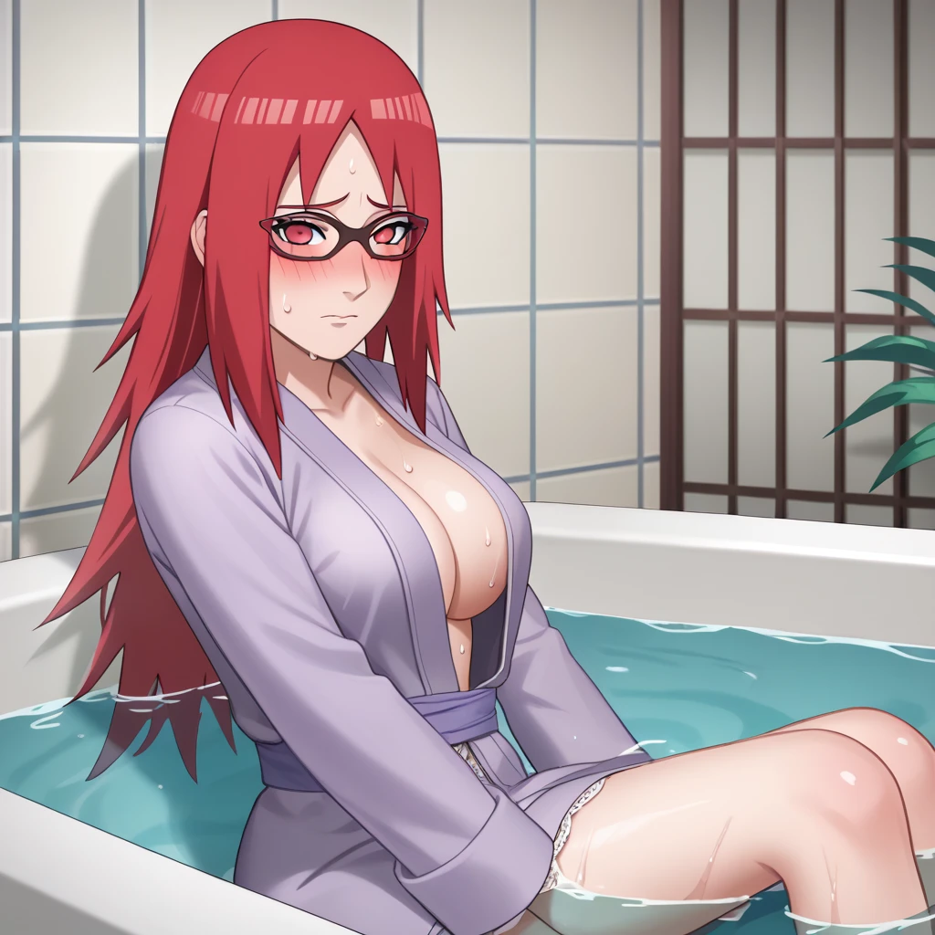 Red hair, 1 Girl, Glasses, Long hair, Red Eyes, Solitary, Umbilical cord, Looking at the audience, No students, Japanese cartoons screencap, Japanese cartoons coloring,src_Japanese cartoons,Naruto \(series\), Naruto shippuuden,((blush,nervous,Vision,))masterpiece, absurd , (Intricate details), (Colorful), light, Extremely detailed CG unity 8k wallpaper ,1 Girl, solo,(Sitting in the bathtub,Sitting elegantly,Bathrobe,bubble bath,Soaked in water,shy,Medium chest, ),sweat,blush,blush1.5,Blush,Big breasts,Lace dress,bathroom,night,((Lace dress,night,Vision,whole body,))