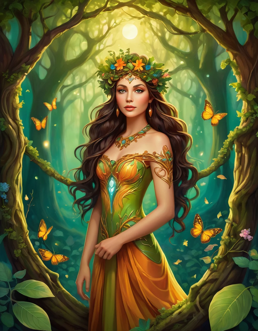 (symmetry:1.3), (Cute cartoon style:1.3), (alone:1.3), fair (((Dryad in the tree))) Standing in the midst of a symphony of vibrant plants, (Decorated with intricate flowing vines and leaves), She exudes an aura of strength and grace, Her eyes reflect a deep connection to the natural world, The breeze rustled through her green crown, She is the beacon, Guardians of Earth’s Precious Ecosystems, Moonlit forest clearing, ((firefly)), More details