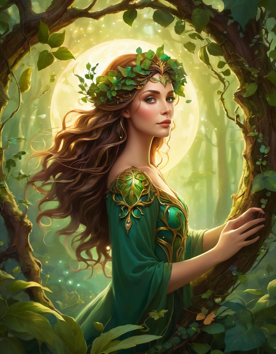 (symmetry:1.3), (Cute cartoon style:1.3), (alone:1.3), fair (((Dryad in the tree))) Standing in the midst of a symphony of vibrant plants, (Decorated with intricate flowing vines and leaves), She exudes an aura of strength and grace, Her eyes reflect a deep connection to the natural world, The breeze rustled through her green crown, She is the beacon, Guardians of Earth’s Precious Ecosystems, Moonlit forest clearing, ((firefly)), More details