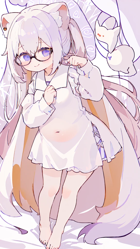  바닥에 누워 있는 big bust을 가진 애니메이션 소녀, , Tsk tsk, in a dress, fascinating anime girl, Smooth animated illustrations, ecchi anime style, , Shikamimi, She has a jiggly, fat, round belly, ecchi, Posing in Pudika pose, [ 4k digital art ]!!,(big bust:1.5), (Black eyes with a slight purple tint:1.5), (a devastated expression, dead eyes, dark atmosphere:1.5), (Very white and long hair with a bluish tint, weak perm:1.5), (oversized white shirt:1.5), (bare foot, round-rimmed glasses:1.5), (Belly Fat, muffin top, plump:1.1), (smiling faintly:1.5),(human ear,thin legs:1.5),