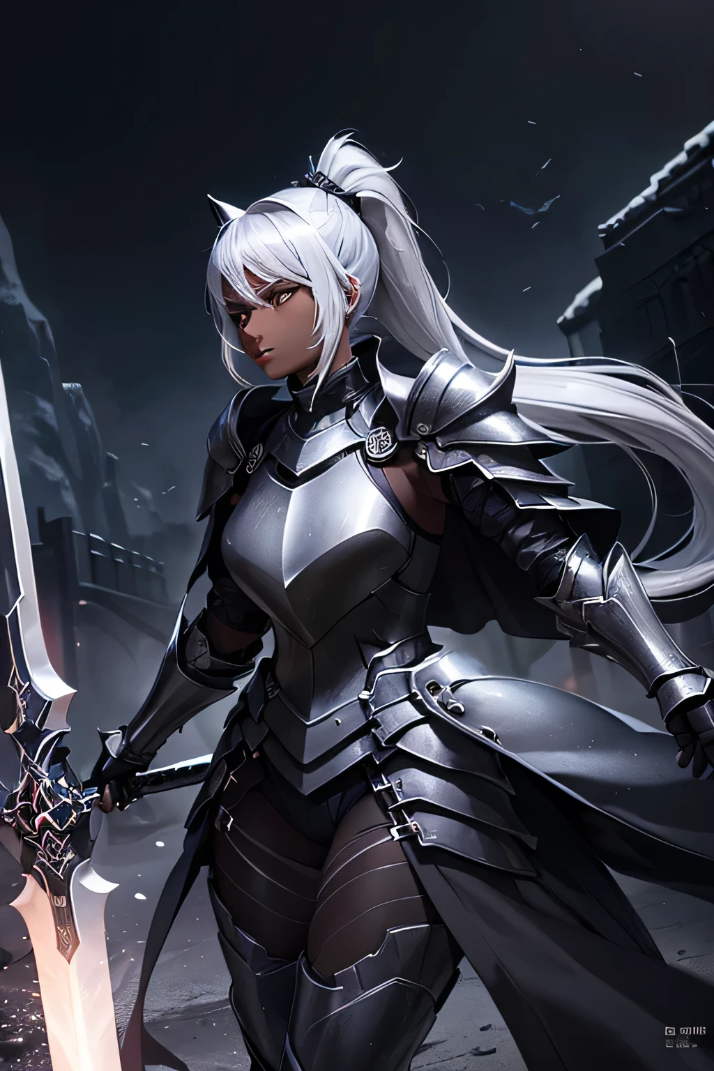 Beautiful 20 year old woman, (((Silver ponytail))),(((Dark Skin)))、Dark Knight,(((Black Armor)))、Swinging the Sword、In the Dark、Black Cape