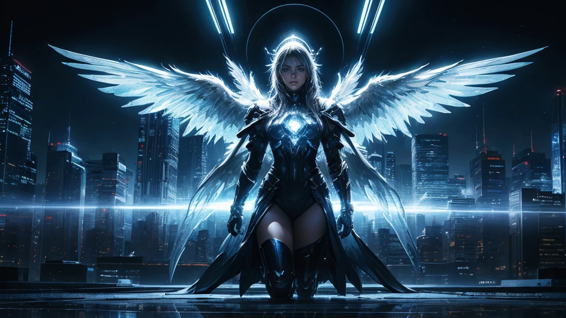 ((masterpiece, Highest quality, Best image quality, High resolution、４ｋ)) One Angel、Four shining white wings、Glowing halo、Equipped with a huge railgun、Cyberface。Flowing White Cyber Robe、god々Shining with a bright light。Shiny advanced cybernetic enhancements. Seen in dynamic action poses, reflection on a smooth surface. The cityscape below is filled with towering skyscrapers., illuminated by colorful holographic advertisements, Shining with blue energy, Mighty power. The overall atmosphere is dark and mysterious., It had a futuristic techno vibe.. The lighting is dramatic, Intense highlights and deep shadows, Creates depth and tension