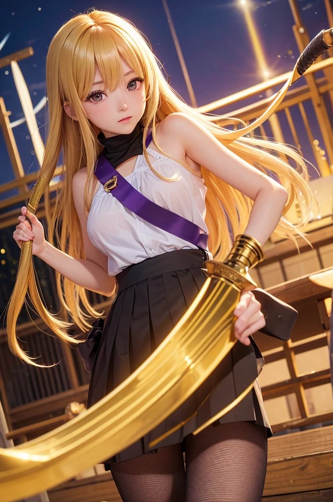 (highest quality)), ((masterpiece)), (Familiar), Perfect Face,Shiny skin,Beautiful breasts,how,Shiny skin、Kyoto Animation style painting、Golden Hair、Golden Eyes、Sunburned skin、night、Holding a Japanese sword、ruins、Combat Stance、Fishnet tights、Braided Hair、spats、inner、Kunoichi clothes、Purple clothes、Wearing a golden aura、Golden Mist、shock wave