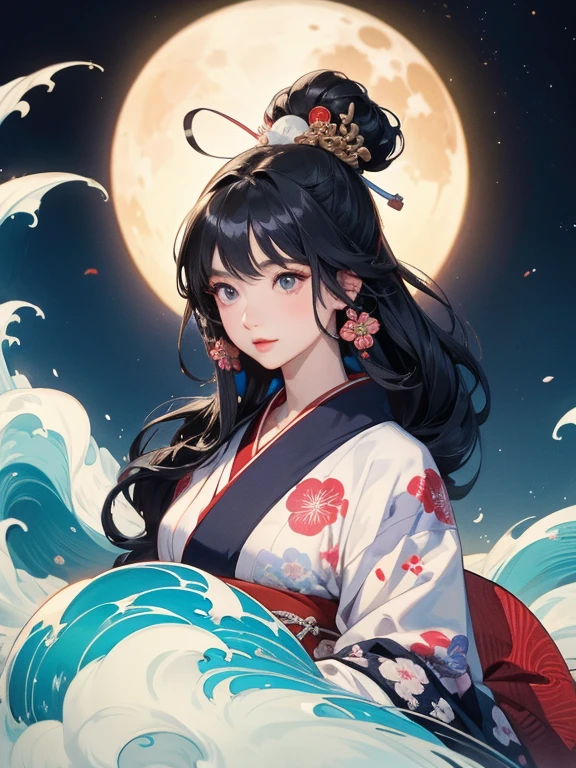 (Highest quality、masterpiece、8K)、Ukiyo-e、Vibrant colors、Katsushika Hokusai、1 female、Black hair Japanese topknot、The kimono has a vivid floral pattern on a white background.、Official Art、背景はUkiyo-e風、White waves and Mt. Fuji、White waves and the moon