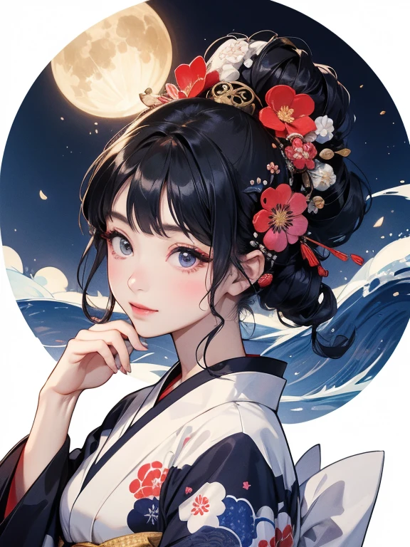 (Highest quality、masterpiece、8K)、Ukiyo-e、Vibrant colors、Katsushika Hokusai、1 female、Black hair Japanese topknot、The kimono has a vivid floral pattern on a white background.、Official Art、背景はUkiyo-e風、White waves and Mt. Fuji、White waves and the moon