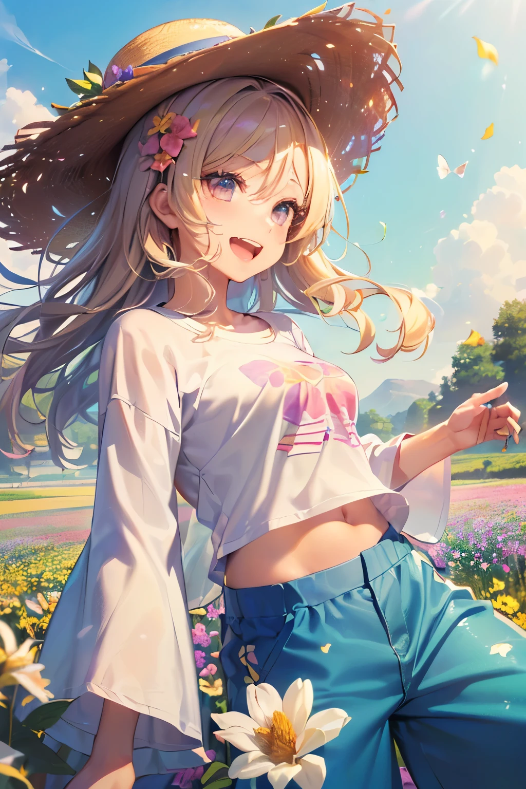 ((cute,kawaii)),((pastel color)),((Clothes fluttering in the wind:1.3)),(An open-mouthed smile),((Oversized flare pants:1.3)),(Straw hat:1.25),(River and flower field:1.3),((Foam:1.2)),Shiny hair,(Natural Color),(Close-up of face 1.1),(boy,Men's,male:1.3),((An oasis of beauty々Fresh illustration background:1.2)),(Good Face:1.25),(beautiful Face:1.3).