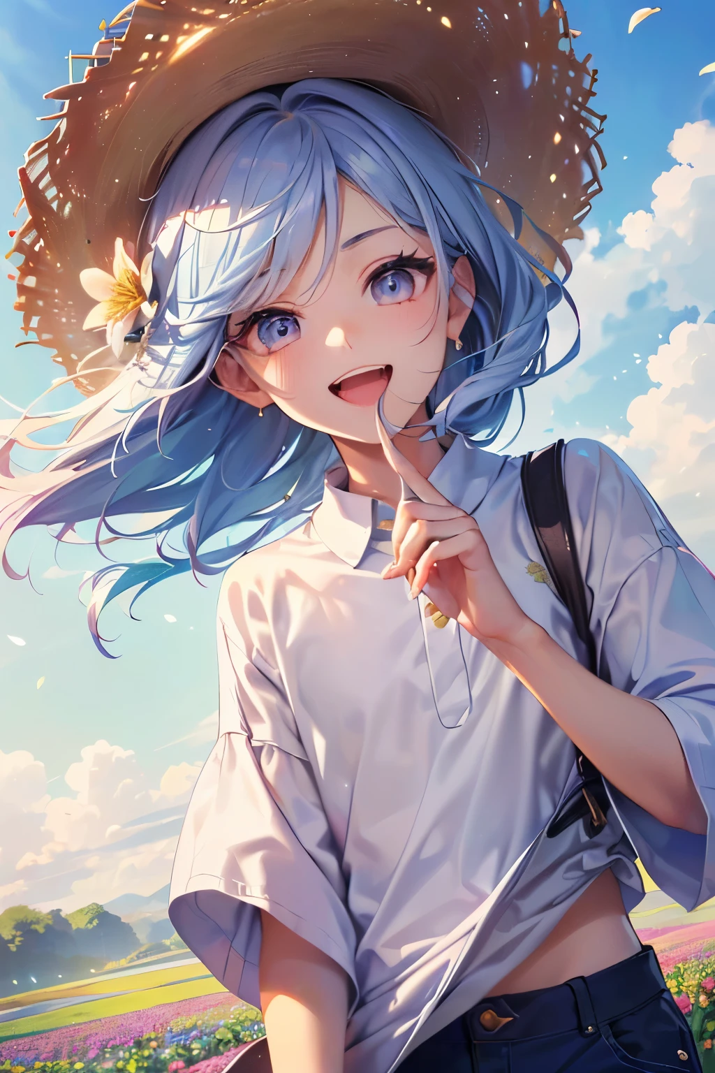 ((cute,kawaii)),((pastel color)),((Clothes fluttering in the wind:1.3)),(An open-mouthed smile),((Oversized flare pants:1.3)),(Straw hat:1.25),(River and flower field:1.3),((Foam:1.2)),Shiny hair,(Natural Color),(Close-up of face 1.1),(boy,Men's,male:1.3),((An oasis of beauty々Fresh illustration background:1.2)),(Good Face:1.25),(beautiful Face:1.3).
