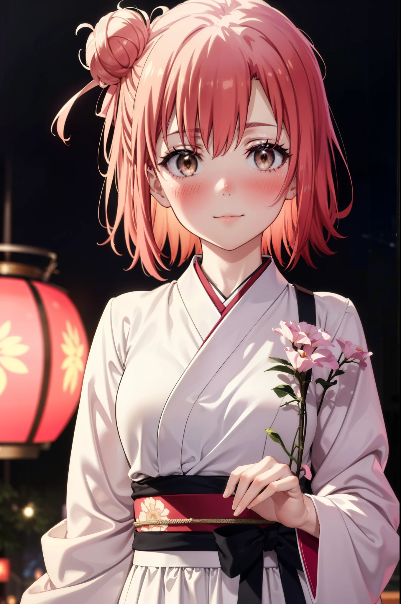 yuiyuigahama, yui yuigahama, short hair, (brown eyes:1.5), (pink hair:1.2), happy smile, smile, open your mouth,bun hair, single bun hair,off shoulder,bare shoulders,naked neck,bare clavicle, red gorgeous kimono,Red long skirt,white foot bag,tatami,sitting,sexy pose,
break indoors, Japanese style room,
break looking at viewer, (cowboy shot:1.5),
break (masterpiece:1.2), highest quality, High resolution, unity 8k wallpaper, (figure:0.8), (detailed and beautiful eyes:1.6), highly detailed face, perfect lighting, Very detailed CG, (perfect hands, perfect anatomy),